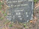
Bertha
daughter of
Wm and Martha BECKETT
7 Nov 1891
aged 23

Martha BECKETT
5 Jan 1893
aged 58

St Matthews (Anglican) Grovely, Brisbane
