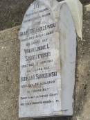 
Franz F SAKRZEWSKI
8 Oct 1885, aged 59
Wilhelmine L SAKRZEWSKI
17 Sep 1911, aged 90
Herman F SAKRZEWSKI
20 Aug 1909, aged 12
Haigslea Lawn Cemetery, Ipswich
