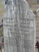 
Augusta RETSCHLAG,
wife of Frederich RETSCHLAG,
died 29 July 1894 aged 23 years;
Haigslea Lawn Cemetery, Ipswich
