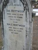 
Ida HERTWECK
5 Jan 1916, aged 72
Ida C HERTWECK
8 Nov 1962, aged 76
Haigslea Lawn Cemetery, Ipswich
