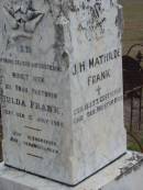 
(die frau pastorin) Hulda FRANK
d: 12 Jul 1905
pastor Johann FRANK
16 Feb 1927, aged 85
J H Mathilde FRANK
b: 18 Jan 77, d: 17 Nov 61
Haigslea Lawn Cemetery, Ipswich
