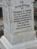 
Hermann A ARGOW
3 Mar 1922, aged 26 
from the results of a burning accident in the Caledonian Colliery, Walloon
Wilhelm ARGOW
1 Nov 1938, aged 73
Agnes ARGOW
17 Oct 1929, aged 62
Haigslea Lawn Cemetery, Ipswich
