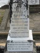 
Augusta (wife of) Heinrich CLEM
21 Jul 1920, aged 63
Heinrich CLEM
4 Oct 1936, aged 86
Haigslea Lawn Cemetery, Ipswich
