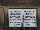 
Elizabeth LITTMANN
7 Dec 1937, aged 73
August LITTMANN
6 Aug 1945, aged 84
Haigslea Lawn Cemetery, Ipswich
