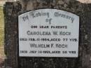 
Carolena W KOCH
18 Feb 1954, aged 77
Wilhelm F KOCH
26 Jul 1955 aged 80
Haigslea Lawn Cemetery, Ipswich

