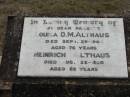 
Louisa D M ALTHAUS
29 Sep 1944, aged 76
Heinrich ALTHAUS
28 Aug 1950, aged 85
Haigslea Lawn Cemetery, Ipswich
