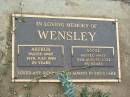 
Arthur WENSLEY
19 Jul 1999, aged 89
Annie WENSLEY
9 Aug 2004, aged 89
Haigslea Lawn Cemetery, Ipswich
