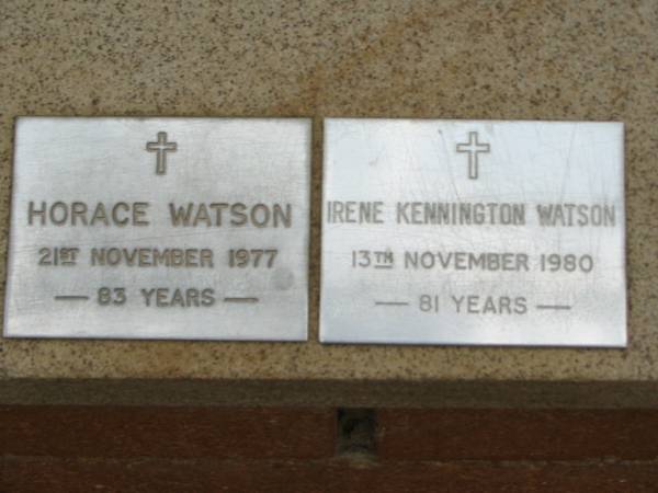 Horace WATSON  | 21 Nov 1977, aged 83  | Irene Kennington WATSON  | 13 Nov 1980, aged 81  | Saint Augustines Anglican Church, Hamilton  |   | 