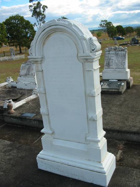 Robert Hendry BOYLE  | d: 13 Jul 1881, aged 85  |   | (wife) Janet Miller (BOYLE)  | d: 12 Jun 1884, aged 80  |   | Elizabeth May (BOYLE)  | daughter of Mungo and Sarah BOYLE  | d: 12 May 1886, aged 2  |   | (restored 1992)  |   | Harrisville Cemetery - Scenic Rim Regional Council  |   | 