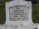 
Laura WEIGEL
d: 22 Dec 1928, aged 52
G. Emil WEIGEL
d: 3 Jul 1959, aged 86

Harrisville Cemetery - Scenic Rim Regional Council
