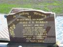 
Alice E.K. HABBAN, died 28 June 1969 aged 61 years, wife mother;
August HABBAN, died 22 Oct 1993 aged 89 years, husband father step-father;
St Pauls Lutheran Cemetery, Hatton Vale, Laidley Shire
