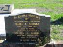 
Mabel E. SCHIMKE,
died 17 June 1973 aged 56 years,
wife mother;
William A. SCHIMKE,
died 28 Aug 1985 aged 70 years,
father;
St Pauls Lutheran Cemetery, Hatton Vale, Laidley Shire
