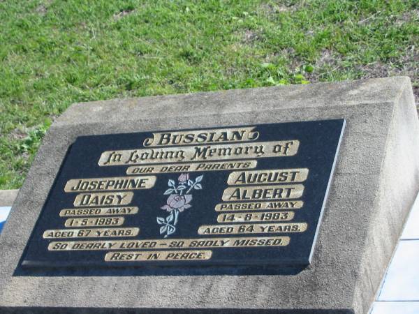 parents;  | BUSSIAN;  | Josephine Daisy, died 1-5-1983 aged 67 years;  | August Albert, died 14-8-1983 aged 64 years;  | St Paul's Lutheran Cemetery, Hatton Vale, Laidley Shire  | 