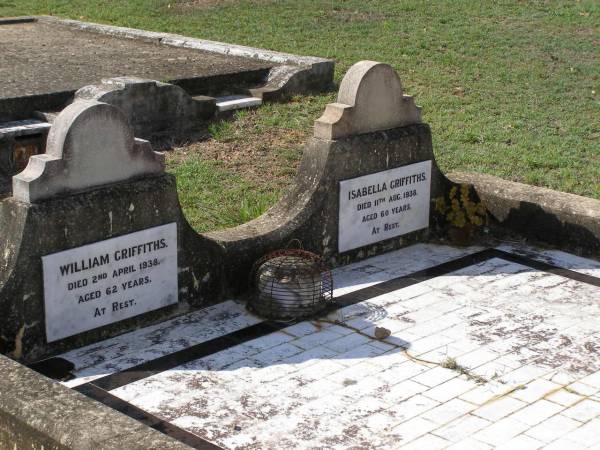 William GRIFFITHS,  | died 2 April 1938 aged 62 years;  | Isabella GRIFFITHS,  | died 11 Aug 1938 aged 60 years;  | Helidon General cemetery, Gatton Shire  | 