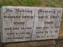
Richard Edwin WARD,
died 20 June 1920 aged 61 years;
Edith Emily WARD,
died 18 June 1844 aged 78 years;
Highfields Baptist cemetery, Crows Nest Shire

