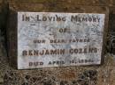 
Benjamin COZENS,
father,
died 10 April 1894;
Highfields Baptist cemetery, Crows Nest Shire
