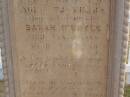 
Margaret OBOYLE,
native of County Sligo Ireland,
died 3 April 1908 aged 72 years;
Sarah OBOYLE,
daughter,
died 4 Jan 1878 aged 3 years;
Martin OBOYLE,
died 28 Jan 1913;
Highfields Baptist cemetery, Crows Nest Shire

