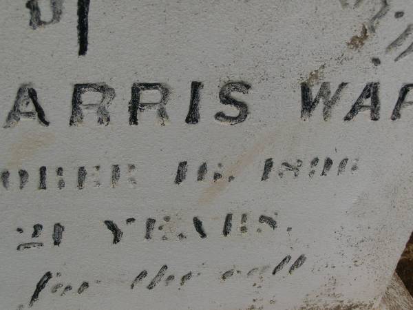 Charlotte Mary HULL,  | died 3 Aug 1907 aged 27 years;  | Charlotte Williams,  | died 9 July 1911 aged 67? years;  | Arthur Harris WARD,  | died 16 Oct 1896 aged 21 years;  | David WARD,  | died 17 Aug 1882 aged 43 years;  | Highfields Baptist cemetery, Crows Nest Shire  |   | 