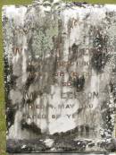 
William LEESON,
died 4 Sept 1910 aged 68 years;
Mary LEESON,
died 4 May 1910 aged 87 years;
Howard cemetery, City of Hervey Bay
