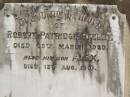 
Robert Patridge STELEY,
died 29 March 1920;
Alex,
son,
died 13 Aug 1901;
Howard cemetery, City of Hervey Bay
