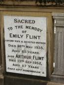 
Emily FLINT,
wife mother,
died 26 May 1935 aged 65 years;
Arthur FLINT,
died 13 Sept 1952 aged 87 years;
Howard cemetery, City of Hervey Bay
