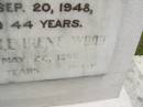 
James Henry WOOD,
died 20 Sep 1948 aged 44 years;
Myrtle Irene WOOD,
died 22 May 1966 aged 52 years;
Howard cemetery, City of Hervey Bay
