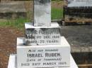 
Jane FORSDYKE,
died 8 Dec 1926 aged 75 years;
Israel Ruben,
husband,
late of Torbanlea,
died 28 March 1929 aged 80 years;
erected by niece A.M. WOODS;
Howard cemetery, City of Hervey Bay

