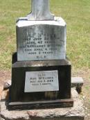 
Ann MCKENNA,
died 25 July 1896 aged 42 years;
Margaret MCKENNA,
died 4 April 1895 aged 2 years;
Ann MCKENNA,
died 3 Jan 1888 aged 1 month;
Howard cemetery, City of Hervey Bay
