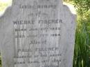 
Wiebke FISCHER,
born 21 Jan 1830 died 17 July 1904;
Paul FISCHER, husband,
born 14 April 1828 died 10 June 1911;
erected by son Marcus FISCHER;
HoyaBoonah Baptist Cemetery, Boonah Shire
