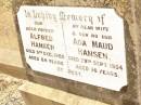 
Alfred HANSEN,
father,
died 5 Dec 1962 aged 84 years;
Ada Maud HANSEN,
wife mother,
died 29 Sept 1953aged 76 years;
Jandowae Cemetery, Wambo Shire
