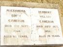 
Alexandra Edith CAMERON,
died 17 Sept 1968 aged 98 years;
Herbert Welsby CAMERON,
died 28 Oct 1952 aged 79 years;
Jandowae Cemetery, Wambo Shire

