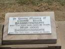 
Corinne Ellen BASSINGTHWAIGHTE,
died 17 Sept 1980 aged 86 years;
Muir (Goog) BASSINGTHWAIGHTE,
died 14 July 19994 aged 93 years;
Jandowae Cemetery, Wambo Shire
