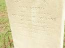 
Jane Scobie,
child of George & Mary Anne SUTHERLAND,
died at Jinghi Jinghi 8 Dec 1876
aged 3 months 5 days;
Jimbour Station Historic Cemetery, Wambo Shire
