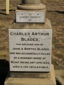 
Charles Arthur BLADES,
son of John & Bertha BLADES,
accidentally killed by runaway horse at Mt Irving
28 April 1899 aged 8 years 1 month 6 days;
Jondaryan cemetery, Jondaryan Shire
