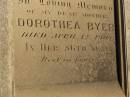 
George J.F. BYER,
died 18 June 1905? aged 79 years,
erected by wife Dorothea BYER
& son Theodor C.F. BYER;
Dorothea BYER,
died 12 April 1909 in 86th year;
Jondaryan cemetery, Jondaryan Shire
