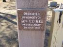 
E.D. ILES,
died 18 Oct 1956;
Jondaryan cemetery, Jondaryan Shire

