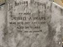 
Christina EVANS,
wife,
died 21 April 1926 aged 34 years;
Jondaryan cemetery, Jondaryan Shire
