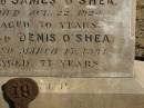 
James OSHEA,
father,
died 18 June 1896 aged 75 years;
Bridget OSHEA,
mother,
died 29 Nov 1901 aged 78 years;
erected by son James OSHEA;
James OSHEA,
died 22 Aug 1925 aged 70 years;
Dennis OSHEA,
died 13 Mach 1941 aged 77 years;
Jondaryan cemetery, Jondaryan Shire

