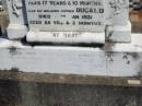
Dugald Victor,
son of Dugald & Louisa CONNELL,
died 15 June 1915 aged 17 years 10 months;
Dugald,
father,
died 30 Jan 1931 aged 65 years 3 months;
Louisa,
wife,
mother of Dugald Victor,
died 16 Feb 1960 aged 89 years 6 months;
Jondaryan cemetery, Jondaryan Shire
