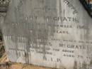 
Mary McGRATH
16 Nov 1909, aged 78
Thomas McGRATH
12 Jan 1916, aged 79

Kalbar Catholic Cemetery, Boonah Shire 
