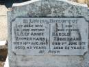 
Lilly Annie ZIMMERMANN, wife mother,
died 16 Aug 1949 aged 43 years;
Harold ZIMMERMANN, father,
died 1 June 1971 aged 65 years;
Kalbar General Cemetery, Boonah Shire
