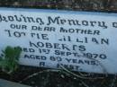 
Lewis D. ROBERTS, husband father,
died 5 Aug 1948 aged 57 years;
Tottie Lillian ROBERTS, mother,
died 1 Sept 1970 aged 80 years;
Kalbar General Cemetery, Boonah Shire
