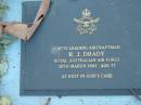 
R.J. DRADY,
28 March 2003 aged 77;
Kalbar General Cemetery, Boonah Shire
