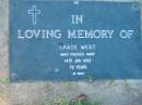
Grace WEST,
died 14 Jan 1992 aged 76 years;
Kalbar General Cemetery, Boonah Shire
