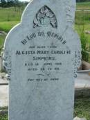 
August Mary Caroline SIMPKINS, mother,
died 18 June 1916 aged 56 years;
Engelsburg Methodist Pioneer Cemetery, Kalbar, Boonah Shire
