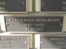 
Albertina SCHABLON,
1842 - 1923 aged 84 years;
Engelsburg Methodist Pioneer Cemetery, Kalbar, Boonah Shire
