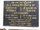 
Arthur George STUBBINS,
21-12-1911 - 28-7-1989;
Francis Edith STUBBINS,
12-8-1912 - 9-4-1990;
parents parents-in-law grandparents of
Ray, Dell, Raymond, Fiona, Kirrily, Allison & Jamie;
Kandanga Cemetery, Cooloola Shire
