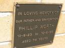 
Phillip WORTH, father grandfather,
12-8-23 - 10-6-98 aged 74 years;
Kandanga Cemetery, Cooloola Shire

