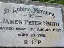 
James Peter SMITH,
died 13 August 1985 aged 70 years;
St Johns Catholic Church, Kerry, Beaudesert Shire
