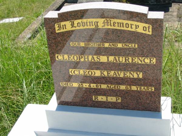 Cleophas Laurence (Cleo) KEAVENY,  | brother uncle,  | died 25-4-01 aged 63 years;  | St John's Catholic Church, Kerry, Beaudesert Shire  | 